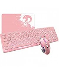 Rose Clavier et Souris filaires de jeu 104 touches Rétroéclairage LED 12 touches multimédia Clavier de jeu 2400DPI 6 boutons Souris optique 10 couleurs Tapis de souris RVB pour PC, portable, MAC