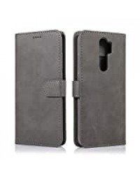 SMYTU Coque per Xiaomi Redmi Note 8 Pro,Gris Retro Housse en Cuir Case à Rabat Coque de Intérieure Protection Souple Portefeuille TPU Silicone Case Cover de Fermeture Magnétique (FF-Gris)