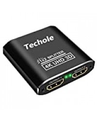 Splitter HDMI 4K,Techole HDMI Switch Aluminium Répartiteur HDMI 1 Entrée 2 Sorties Affichage Simultané, 4K@30HZ 3D UHD 1080P, pour Xbox PS3 PS4 Lecteur Roku Blu-Ray HDTV Apple TV et Plus Appareil