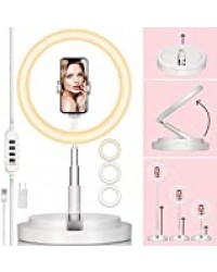 TARION LED Lumière Anneau LED Ring Light Température de Couleur 3500-6000K 5 Niveaux Luminosité Hauteur 58-168cm pour Diffusion en Direct Prenez des Selfies Maquillage Appel Vidéo (Blanc-avec Prise)