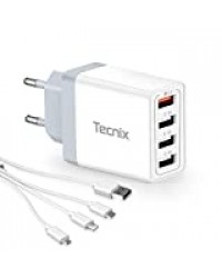 Tecnix Chargeur USB Quick Charge 3.0 30 W 4 ports Adaptateur secteur USB avec câble de charge universel 3 en 1, chargeur rapide pour iPhone, iPad, Samsung Galaxy, LG, Huawei, XiaoMi, Blanc