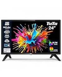 TuTu TV 24 Pouces (60 cm) LED HD Téléviseur avec Triple Tuner (DVB-T/T2-C-S/S2), HDMI, VGA, Lecteur Multimédia USB, CI+, Modèle Hôtel pour Chambre Cuisine, 220 Volts