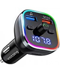 VicTsing Transmetteur FM Bluetooth V5.0 Kit Main Libre Voiture Bluetooth Chargeur Rapide QC3.0 Allume Cigare Bluetooth Support Carte TF/Clé USB