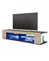 Vladon Meuble TV Armoire Basse Movie, Corps en Noir Mat/Façades en Chêne Brut avec l'éclairage LED en Bleu