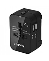 Voyage Adaptateur Prise Chargeur, Efanty Universel de Voyage International Tout-en-un Travel Adapter Prise Anglaise Americaine Française avec 2 ports Double USB pour UK US DE EU - Noir