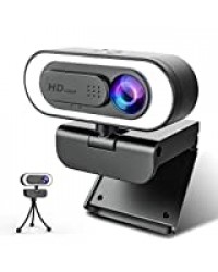 Webcam 1080P avec Anneau Lumineux/Cover, NIYPS HD USB Web Cam pour Youtube, Skype, Zoom, Appels Vidéo XBOX One, Etudes et Conférence, Streming Webcam pour PC Windows 10 avec Microphone et Grand Angle