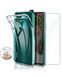 Younme Coque pour Huawei P Smart Z, Housse de Protection en Transparente Silicone TPU Souple + Protection d'écran en Verre Trempé [avec Support autoadhésif] pour Huawei P Smart Z